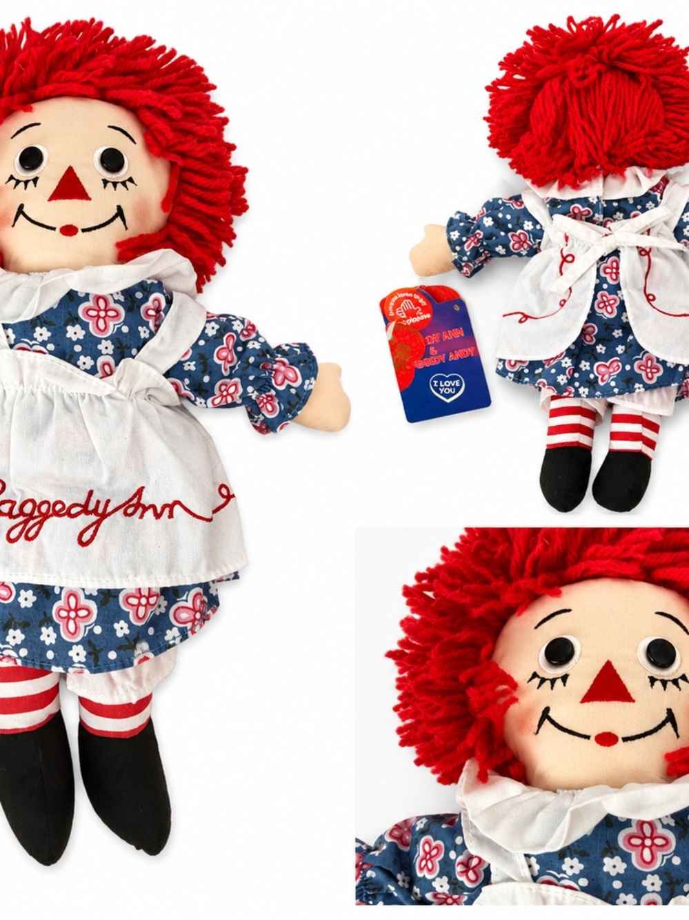 Vintage Raggedy Ann Plush Doll w/ Embroidered Apron & Tags Stuffed Toy